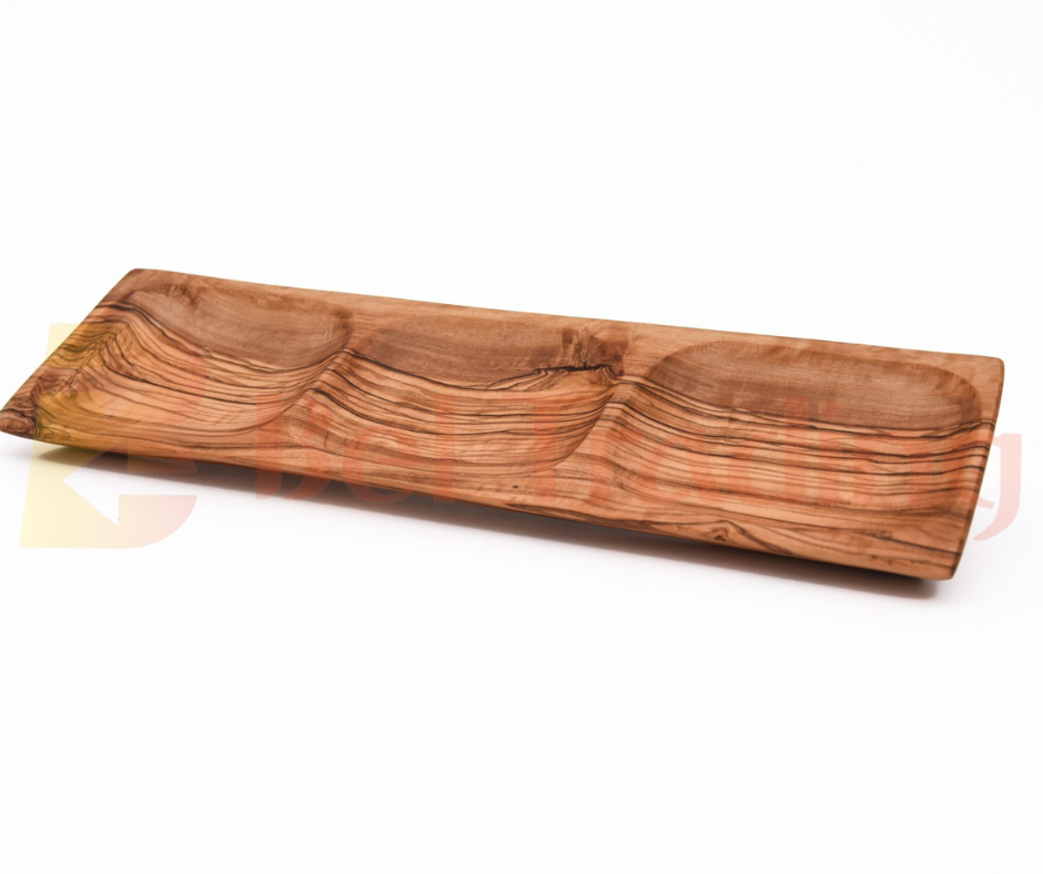 Olive Wood Rectangular Dish with Three Carved Compartments